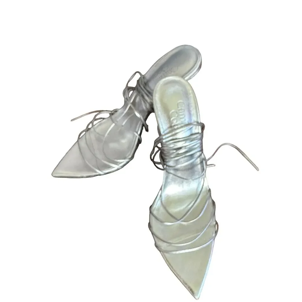Camila Coelho Metallic Silver Wrap Sandal SIZE 9 Stiletto Heel Gladiator Party